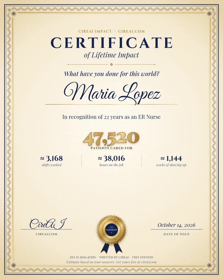 Example CireAI Certificate of Lifetime Impact for a sample name, Maria Lopez, ER nurse