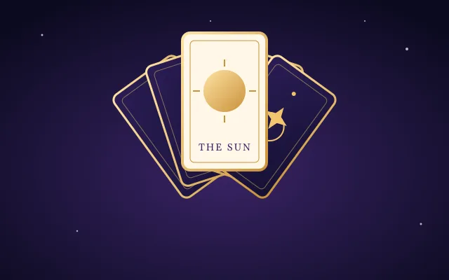 A fanned spread of tarot cards with The Sun on top